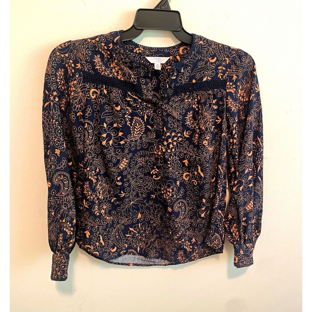 Time and Tru Women’s XS Blue Beige Floral Button Long Sleeve Woven Blouse